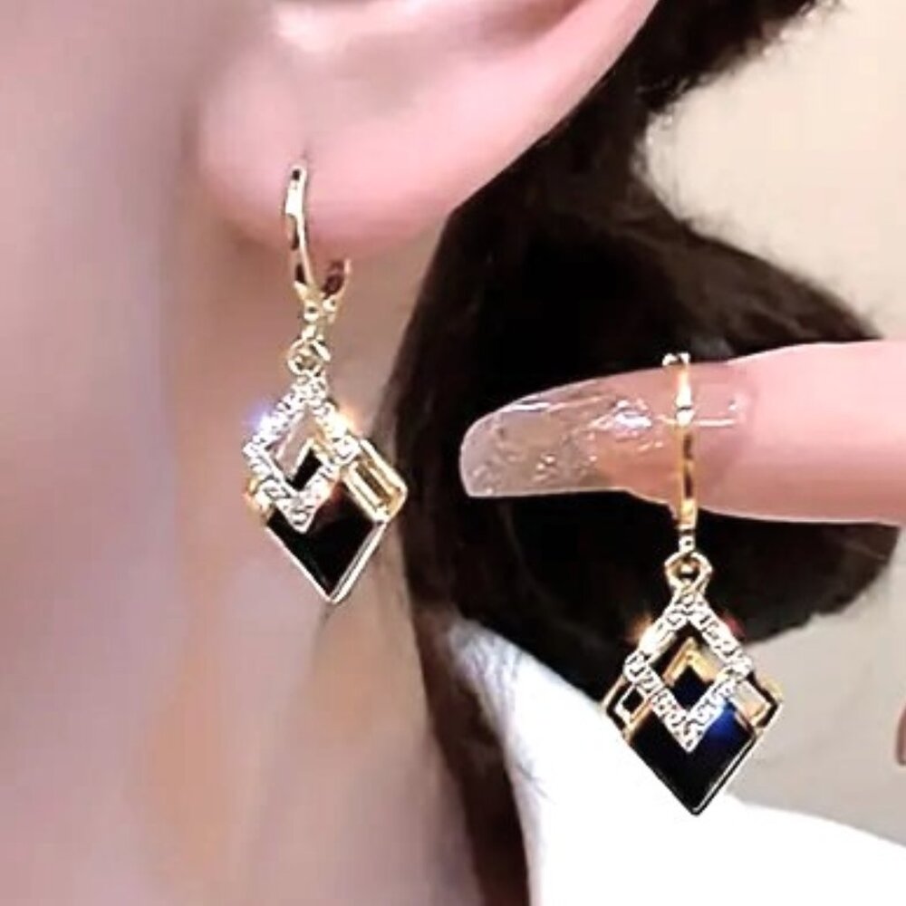 Earrings Black Zircon Rhombus Shape Dangle Stunning Stylish Trendy Rhinestones